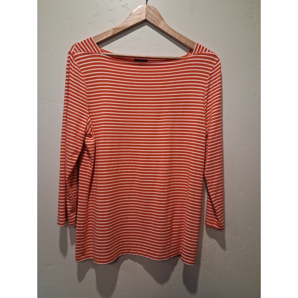 Talbots Women's Size L Orange White Striped 3/4 Sleeve Stretchy Top Nautical
